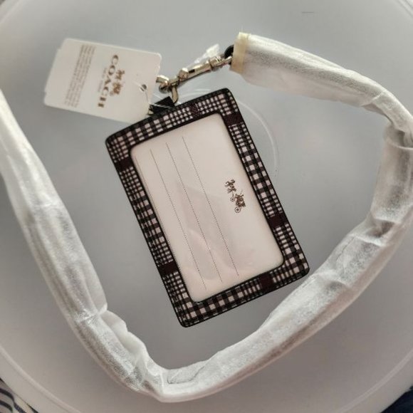 COACH LANYARD BROWNBLK/WHT GLEN-PLAID WITH SILVER HARDWARE. NEW WITH TAGS. - Picture 2 of 4